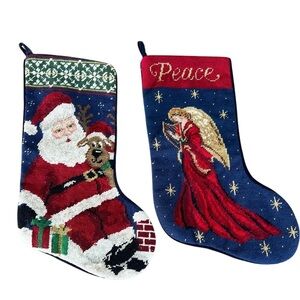 Handcrafted Needlepoint Christmas Stockings Santa Dog Angel Peace Blue Red 11x18
